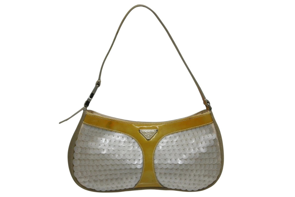 Prada sequined mesh Handbag silver gold leather triangle